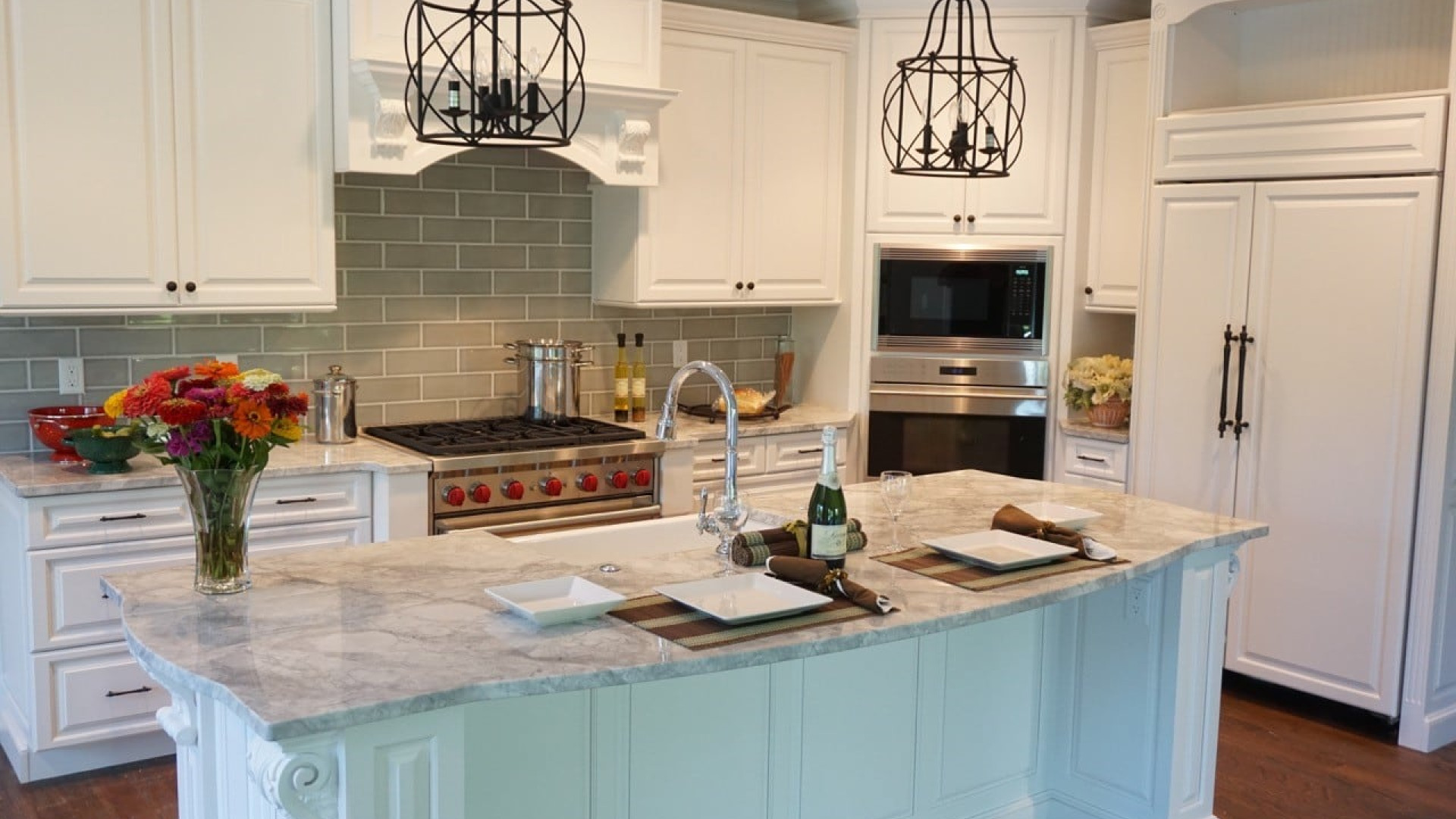 Luxury kitchen featuring a beautiful blue island and custom backsplash, New Jersey