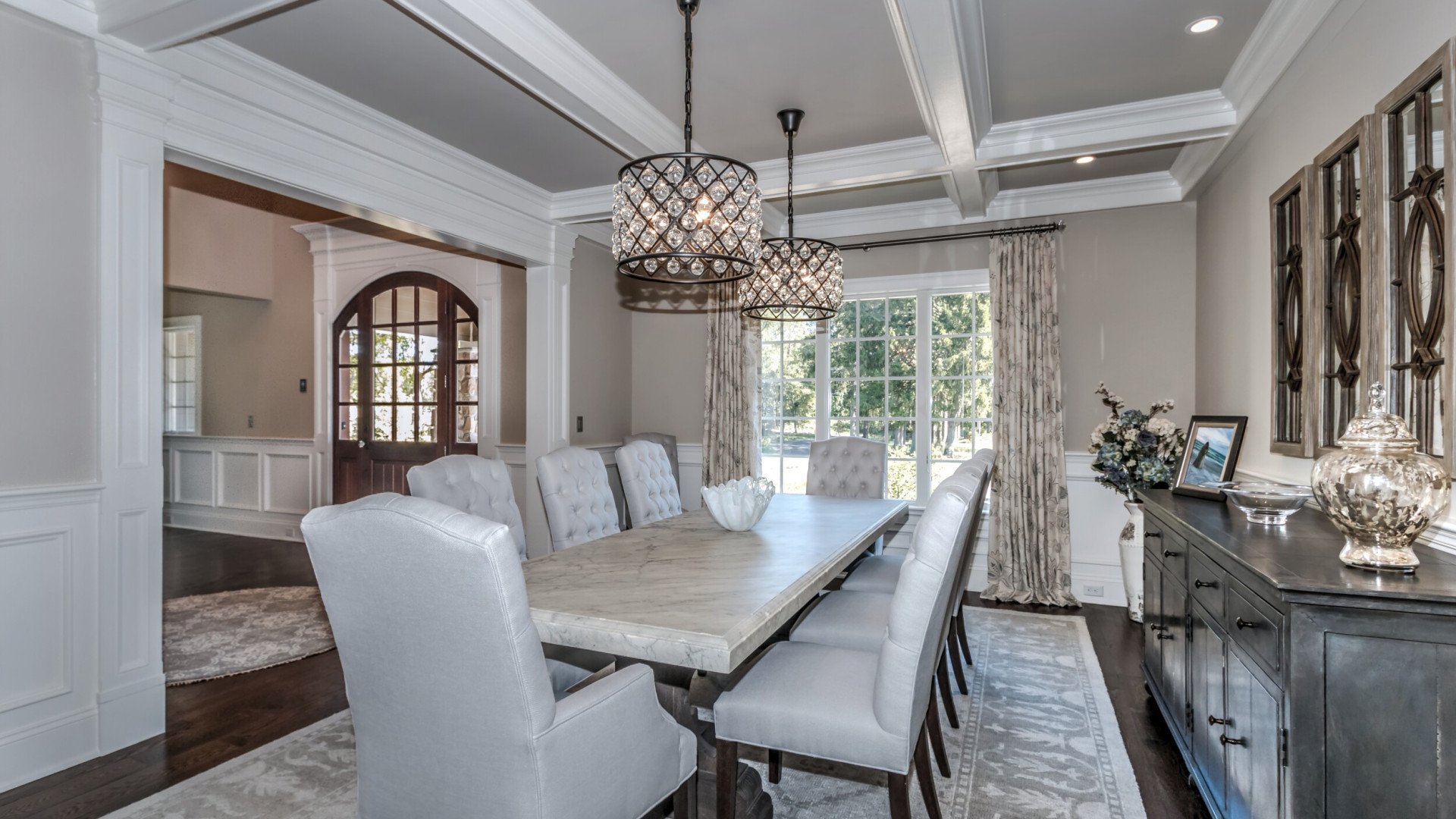 Luxury dining area featuring custom ceilings, New Jersey