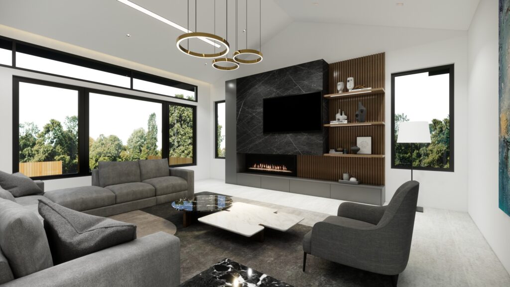 Contemporary home boasting a custom marble and wood built-in entertainment center with a fireplace, New Jersey