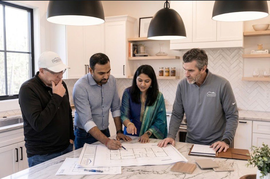 Distinctive Domain team discussing a custom home with clients